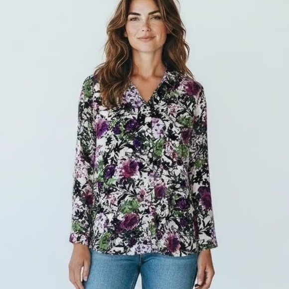 J. Jill Tops - J.Jill Floral Button‎ Down Blouse Purple Pink Green Long Sleeve XL Petite